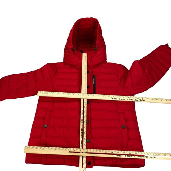 Bcbg Maxazria Quilted Puffer Jacket - Detachable Hood- Womens M Red Eco Friendly - Picture 12 of 16